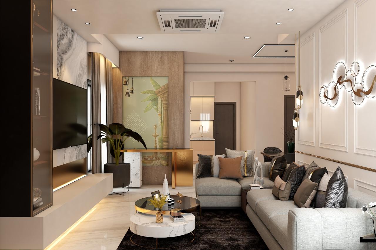 The Olympus proposed drawing room design with warm finishes and contemporary seating